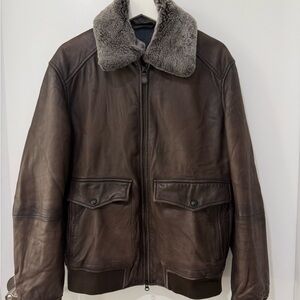 Massimo Dutti Dark Brown Leather Bomber Jacket with Gray Fur Collar